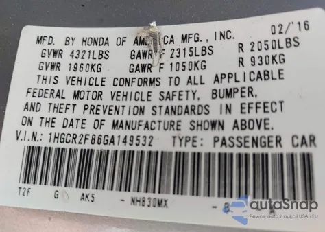 2016 Honda Accord Ex-L from USA, damaged, VIN 1HGCR2F86GA149532